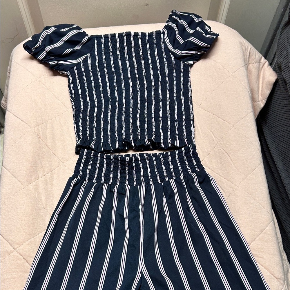 Japna Navy & White Vertical Stripe Kids Two-Piece Set